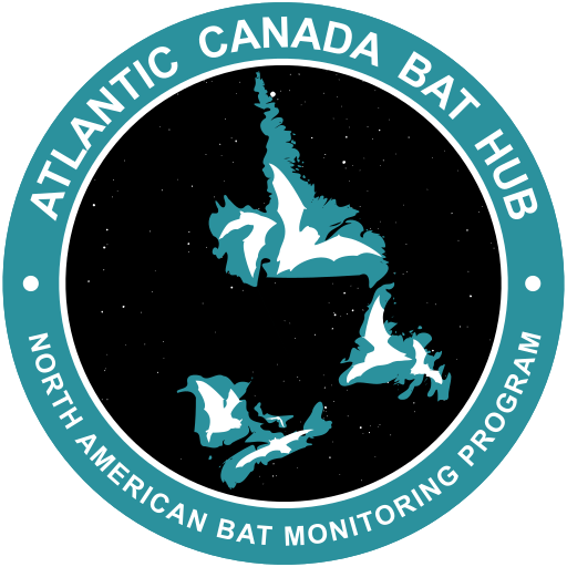 Logo for the Atlantic Canada bat hub. Outlines of the four Canadian Atlantic Provinces with cutouts of bats in the land masses.